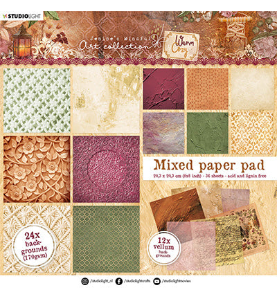 JMA Bloc de papier mixte fonds - 24 feuilles de papier, 12 feuilles de vélin Warm & Cozy 203x203mm n°09