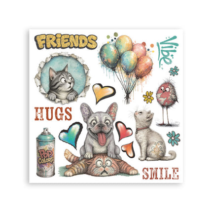 Printed Decorative Rub on kit for Art and Craft cm 15,5x15,5 - Furry Friends 2