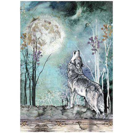 Papier de riz A4 imprimé pour les loisirs créatifs - Cosmos, loup et lune