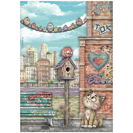 Papier de riz A4 illustré pour les loisirs créatifs - Furry Friends 2, nid, chat et oiseaux