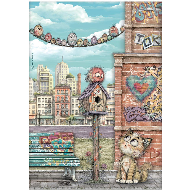 Printed A4 Rice paper for Art and Craft - Furry Friends 2 nest, cat and birds