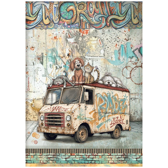 Printed A4 Rice paper for Art and Craft - Furry Friends 2 beater truck