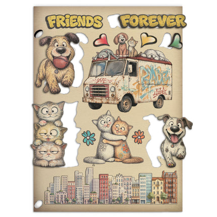 Forme décorative en bois illustrée pour les loisirs créatifs, A5 - Furry Friends 2