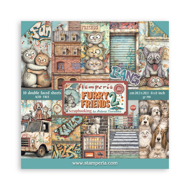 8”x8” (20.3x20.3 cm) Paper Pad 10 double sided printed sheets - Furry Friends 2