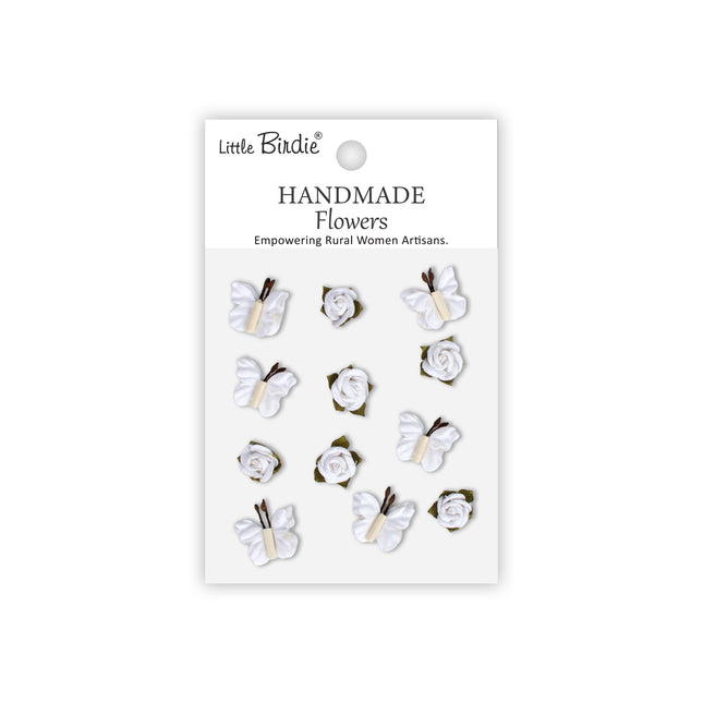 Fleurs faites main Roses & papillons - Blanc givré 12 pièces