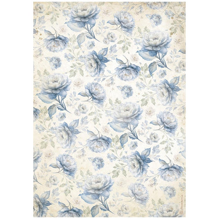 Papier de riz A4 prédécoupé - Motif de fleurs bleues intemporelles