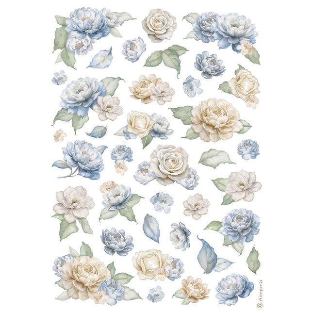 Papier de riz A4 prédécoupé - Motif de roses et de fleurs bleues intemporelles