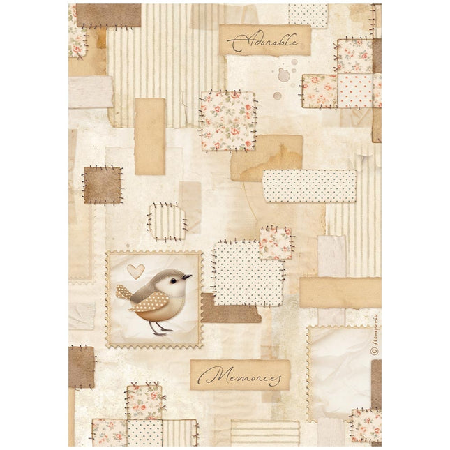 Papier de riz A4 imprimé - Oiseau en patchwork pour bébé