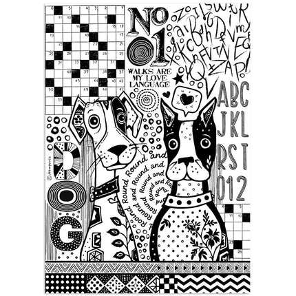 Papier de riz A4 en paquet - Chiens Furry Friends en impression monochrome