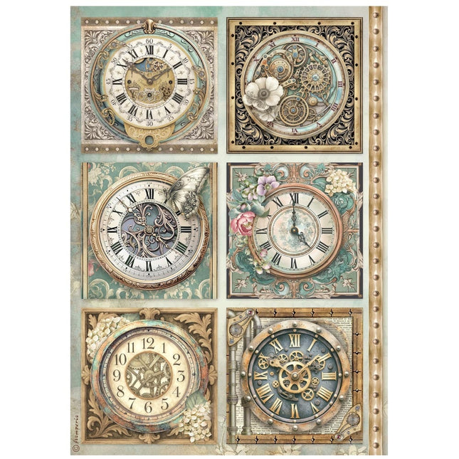 Papier de riz imprimé A4 pour les loisirs créatifs - Jardins du Temps, 6 horloges