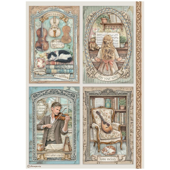 Papier de riz imprimé A4 pour loisirs créatifs - 4 cartes Symphony