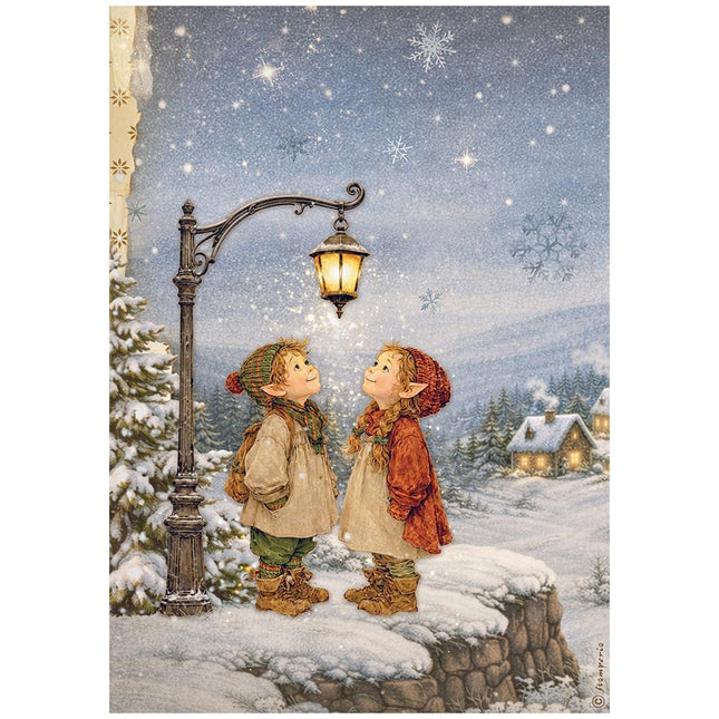 Papier de riz imprimé A4 pour loisirs créatifs - Silent Night, lampadaire
