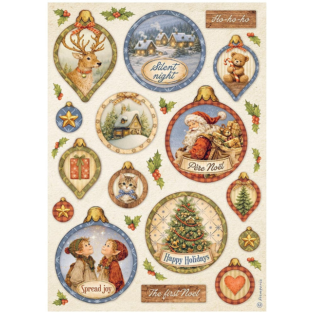 Papier de riz imprimé A4 pour loisirs créatifs - Silent Night, boules de Noël