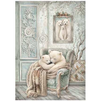 Papier de riz imprimé A4 pour loisirs créatifs - ours douillets White Christmas