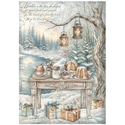 Papier de riz imprimé A4 pour loisirs créatifs - table de fête au bord du lac, White Christmas