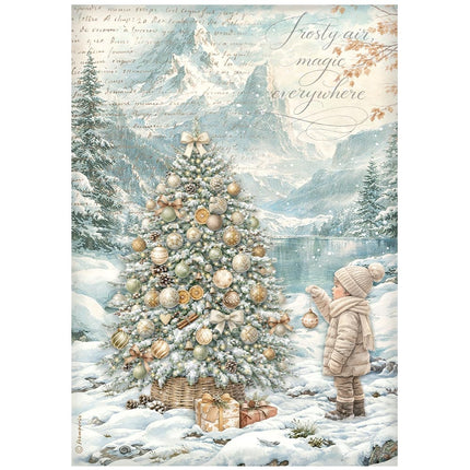 Papier de riz imprimé A4 pour loisirs créatifs - arbre de Noël au bord du lac, White Christmas
