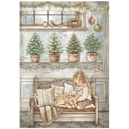 Papier de riz imprimé A4 pour loisirs créatifs - White Christmas, petite fille et faon