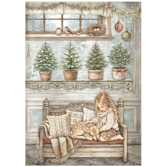 Papier de riz imprimé A4 pour loisirs créatifs - White Christmas, petite fille et faon