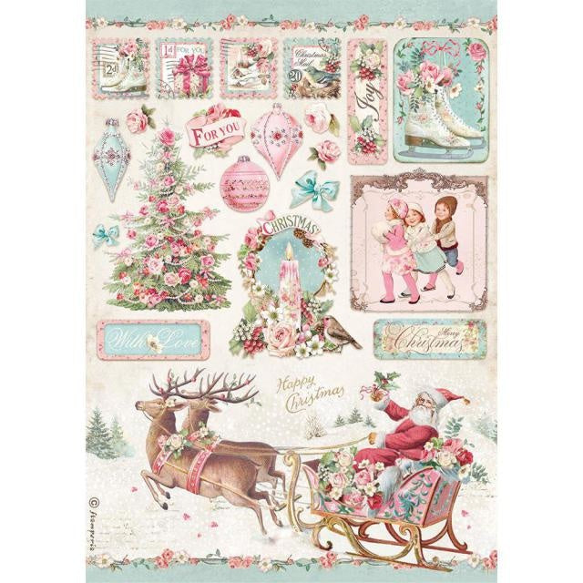 Papier de riz A4 au format bloc - Noël rose, traîneau