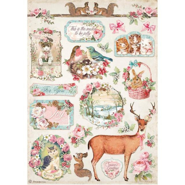 Papier de riz A4 au format bloc - Noël rose, cerf