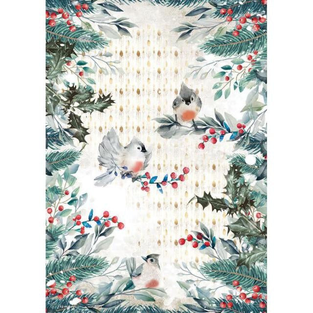 Papier de riz A4 emballé - Oiseaux de Noël romantiques