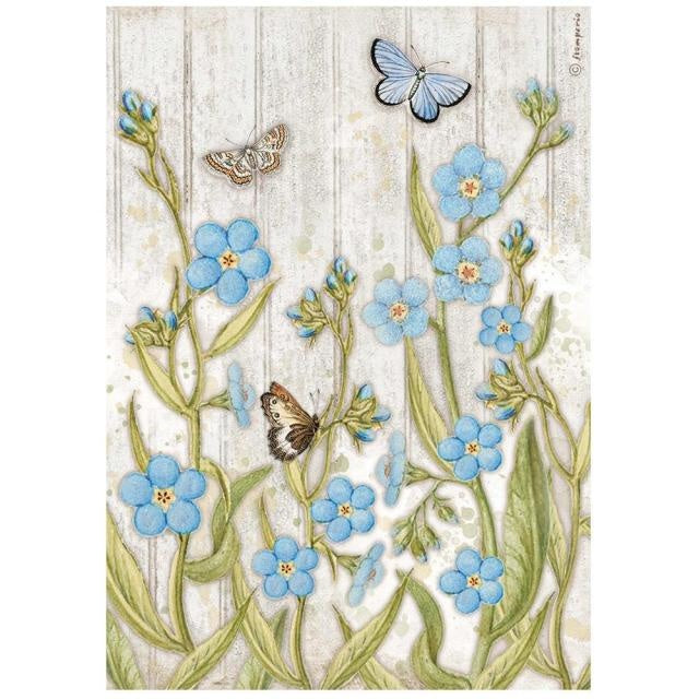 Papier de riz A4 conditionné - Romantic Garden House fleurs bleues et papillon