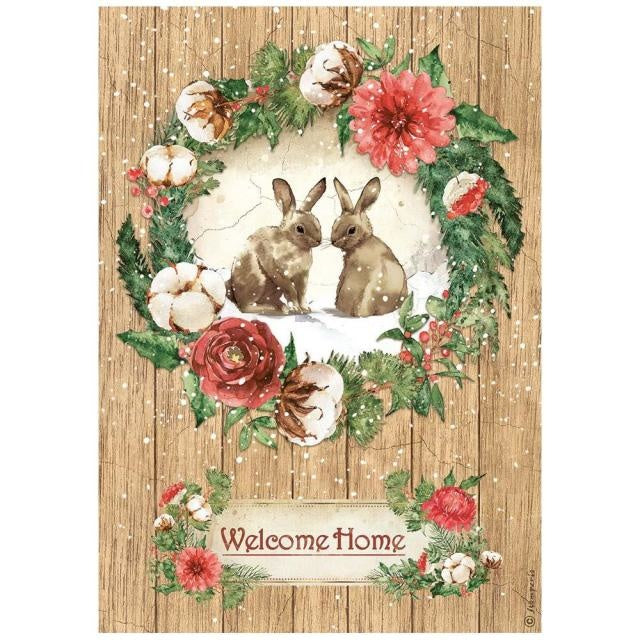 Papier de riz A4 - Lapins « Bienvenue à la maison » de la maison romantique pour les fêtes