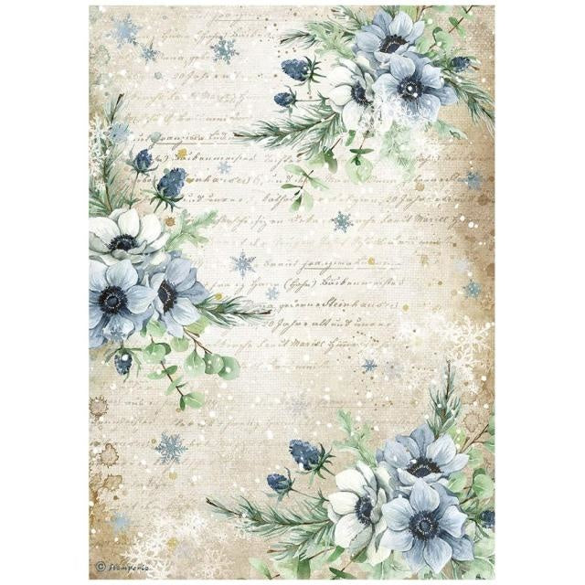 Papier de riz A4 - Fleurs bleues d’hiver douillet romantique