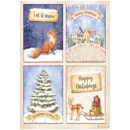Papier de riz A4 en paquet - Winter Valley, 4 cartes avec renard