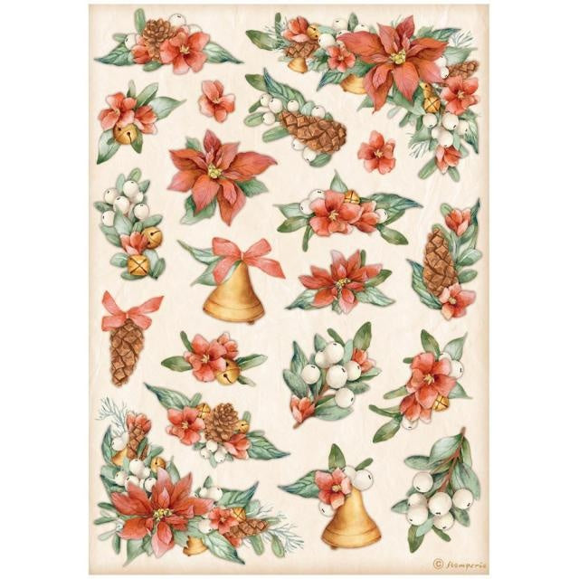 Papier de riz A4 sous emballage - All Around Christmas poinsettia et clochettes