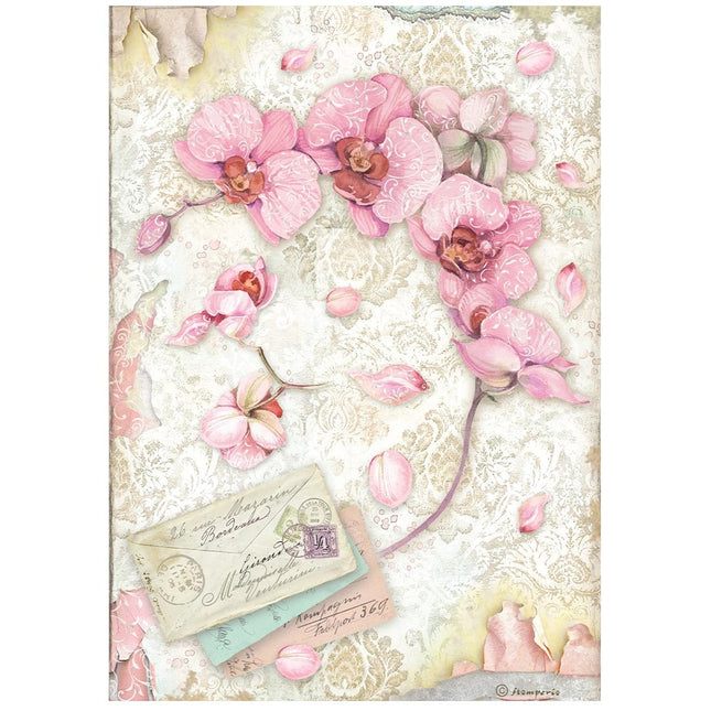 Papier de riz A4 en paquet - Orchidées et chats, orchidée rose