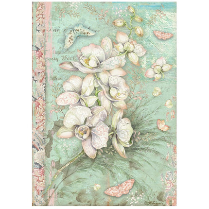 Papier de riz A4 en paquet - Orchidées et chats, orchidée blanche