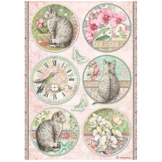 Papier de riz A4 préimprimé - Orchidées et chats, 6 ronds