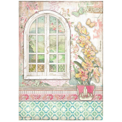 Papier de riz A4 préimprimé - Orchidées et chats, fenêtre