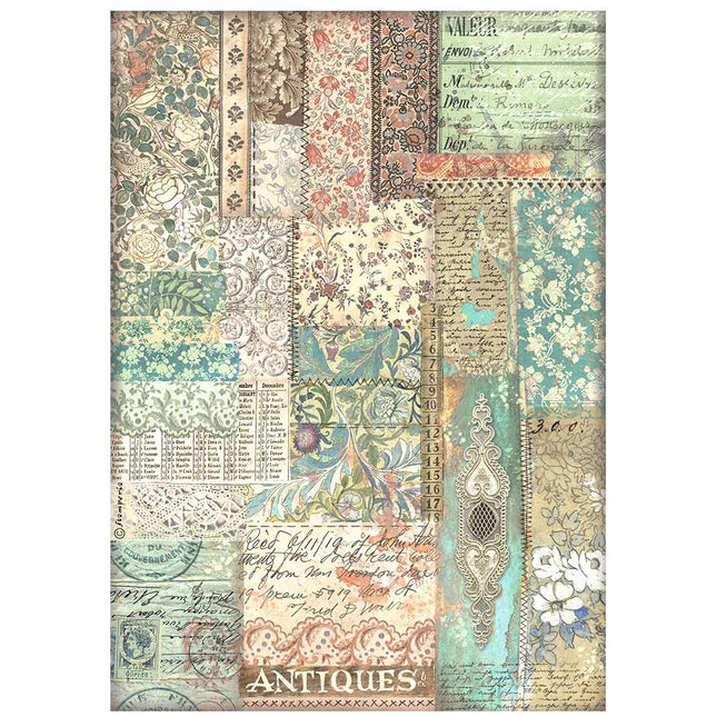 Papier de riz A4 imprimé - Brocante Antiques patchwork de tissus