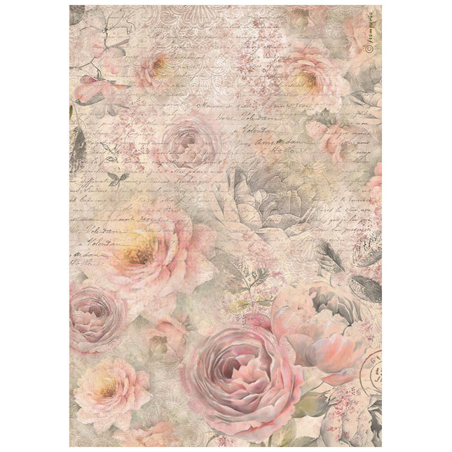 Papier de riz prédécoupé A4 - motif de roses Shabby Rose