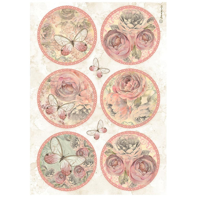 Papier de riz prédécoupé A4 - 6 cercles Shabby Rose