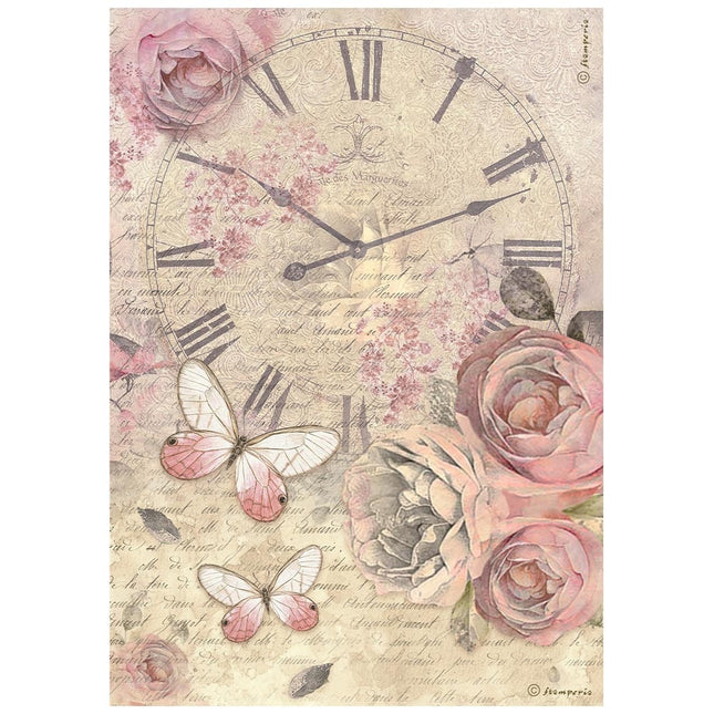 Papier de riz prédécoupé A4 - horloge Shabby Rose