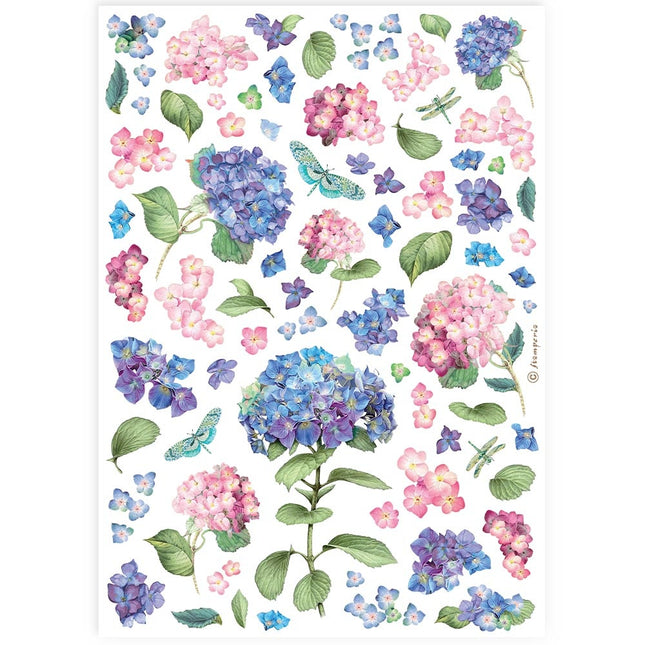 Papier de riz A4 imprimé - hortensias