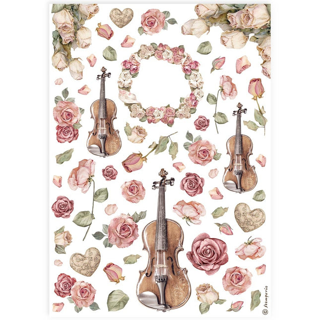 Papier de riz A4 imprimé - violons et roses