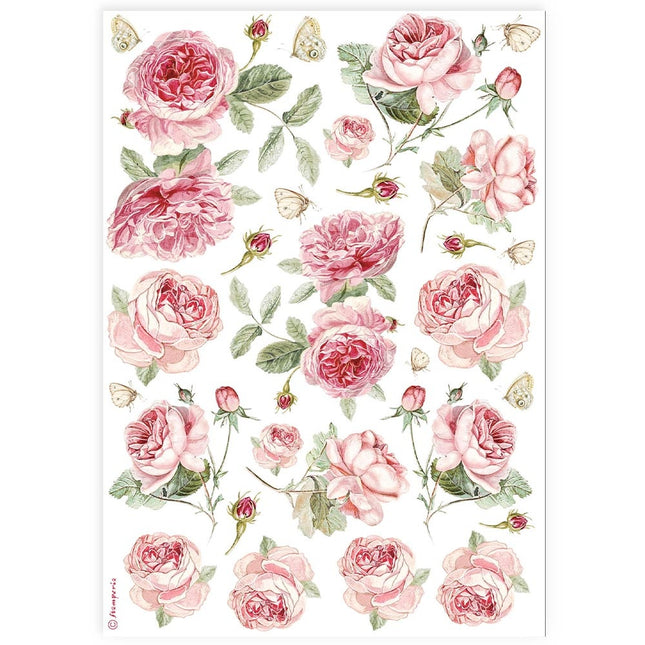 Papier de riz A4 imprimé - motif de roses anglaises