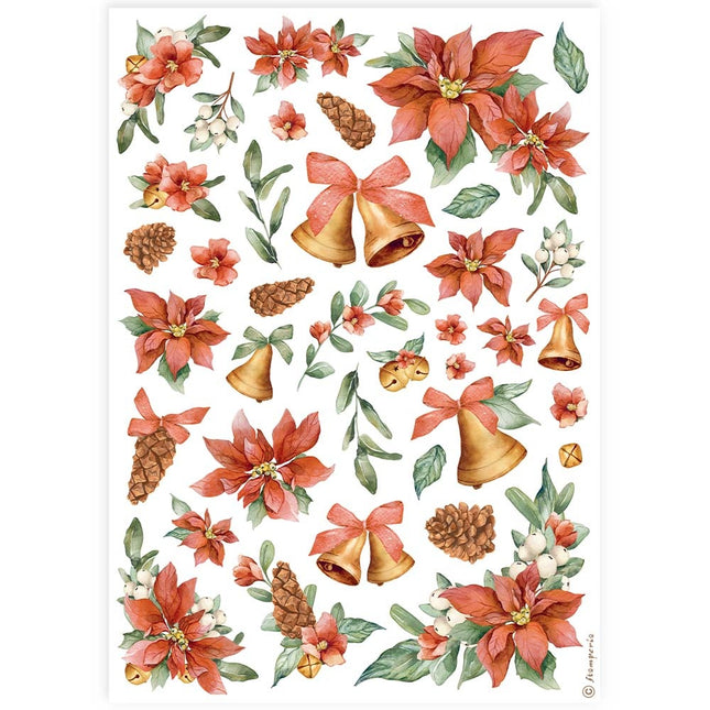 Papier de riz A4 à découper - Poinsettias et cloches de Noël classiques