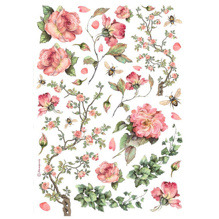 Papier de riz au format A4 - Roses et lierre