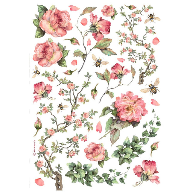 Papier de riz au format A4 - Roses et lierre