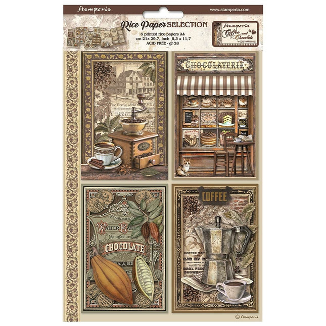 Sélection de 6 papiers de riz A4 - Café et chocolat