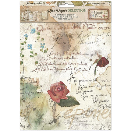 Sélection de 6 papiers de riz imprimés A4 pour arts créatifs - Flowers and Poems