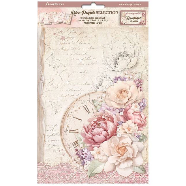 Sélection de 6 feuilles de papier de riz A4 - Romance Forever
