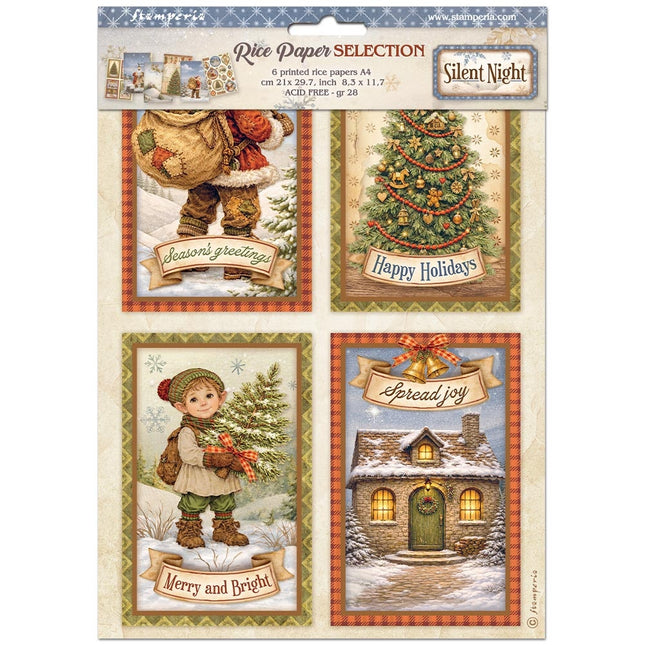 Sélection de 6 papiers de riz imprimés A4 pour loisirs créatifs - Silent Night