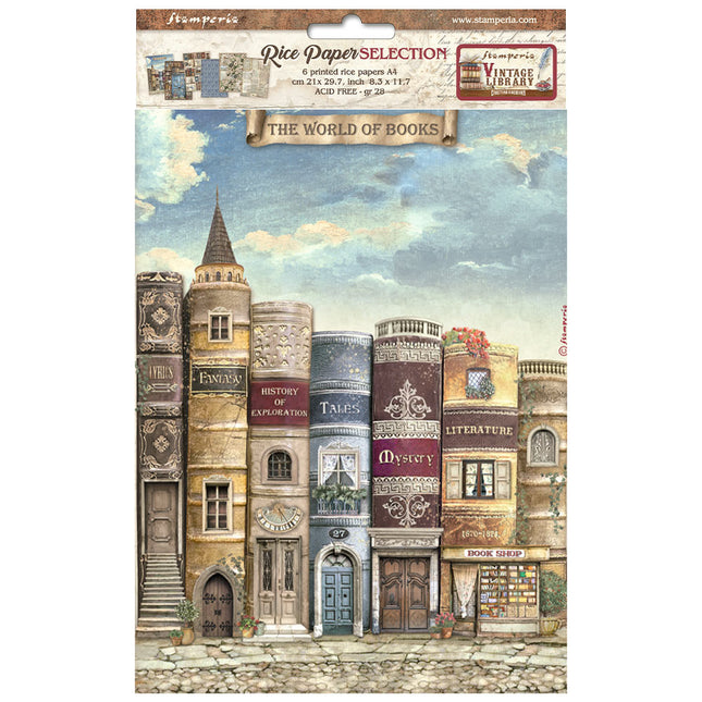 Sélection de 6 papiers de riz A4 - Bibliothèque vintage