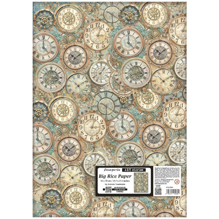 Papier de riz imprimé pour loisirs créatifs 50X70 cm - Jardins du temps, motif horloges
